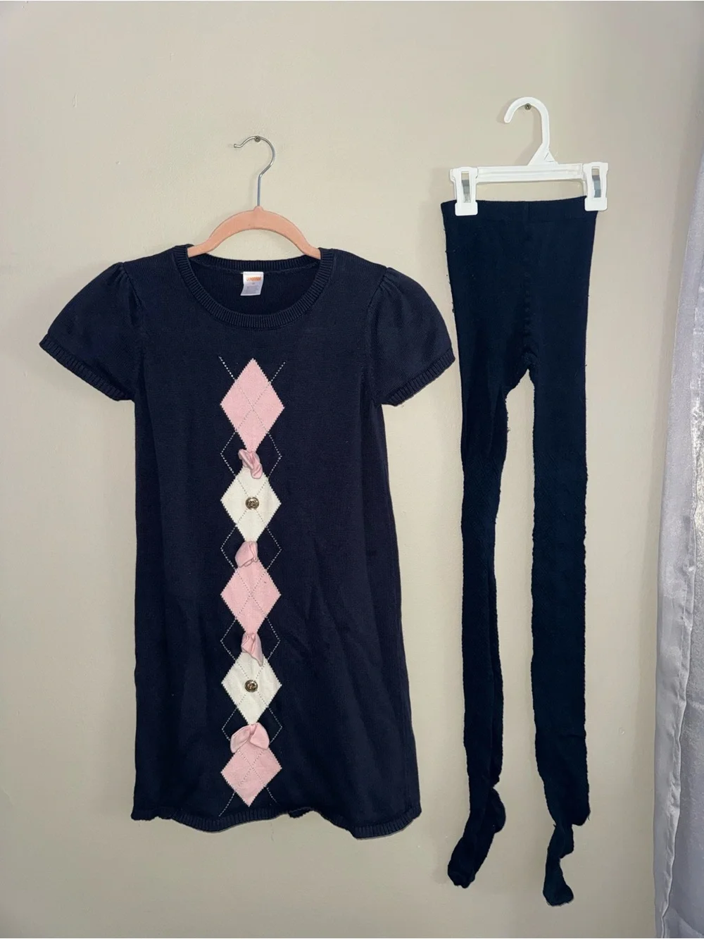 Gymboree Black Knit Argyle Dress with Black Tights - Pink & Cream Accents